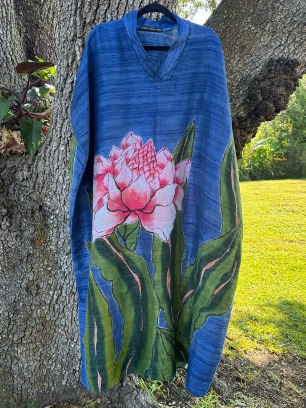 100%Silk Hand Painted Yodyoko Blue + Pink Floral V-Neck Kaftan Maxi Dress.Size L